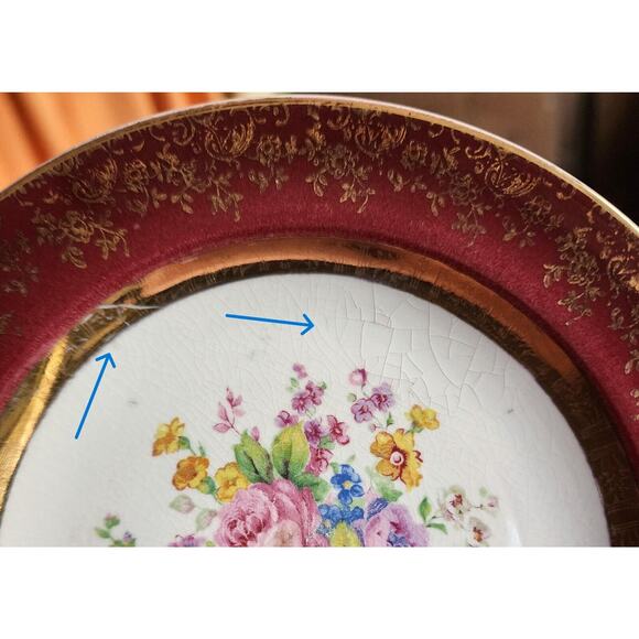 PLATES-BREAD-BUTTER-CENTURY BY SALEM-23K Gold Encrusted-Burgundy-Floral-Set of 4 - Picture 16 of 16